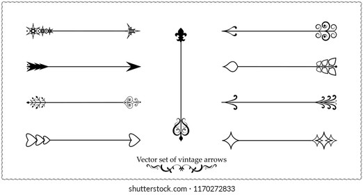 Vector abstract black hand drawn arrows set on white background. Different black Arrows vector set. Bohemian arrows. Hipster ethnic vector elements with text.