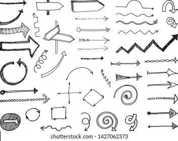 Vector abstract black hand drawn arrows and pointers set isolated on white background. Cartoon sign, symbol. Modern doodle arrow.