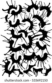 Vector abstract black ink semicircles background texture. Dirty grunge effect with stains in different directions. Swollen wet drops by air flow. Materials for design.