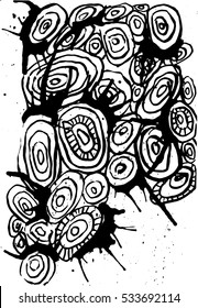 Vector abstract black ink spiral circles and drips doodle background texture. Dirty grunge effect with stains in different directions. Swollen wet drops by air flow. Materials for design.