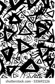 Vector abstract black ink triangle background texture. Dirty grunge effect with stains in different directions. Swollen wet drops by air flow. Materials for design.
