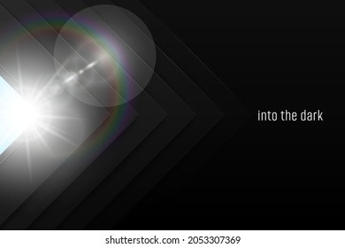 Vector abstract black layered arrow shape background with white lens flare light effect. Dark laminate material chevron backdrop wallpaper