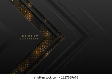 Vector abstract black layered background with golden halftone effect. Glitter dotted sparkles shine texture. Dark laminate material arrow shape