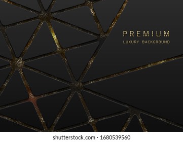 Vector abstract black layered background with golden sparks halftone effect and triangles shapes. Glitter dotted sparkles shine texture. Dark laminate material luxury geometric wallpaper