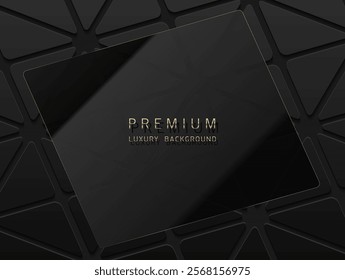 Vector abstract black layered business background with triangles shapes on black. Dark glossy laminate material texture luxury geometric pattern, rectangular glossy glass header. High-tech banner