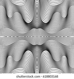 Vector abstract black lines pattern. Waves background with distortion effect. Optical illusion.
