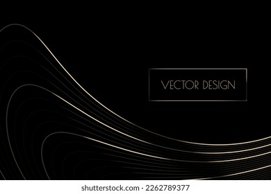 Vector abstract black premium background with golden curved deformed stripes, lines. Modern luxurious elegant backdrop in dark color for exclusive posters, banners, invitations, business cards.
