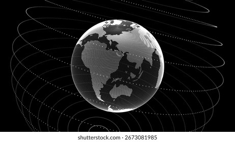 Vector abstracto negro de ciencia ficción con partículas y líneas. Conexión de red de Tecnología en el mundo. Las conexiones digitales globales ayudan. Esfera geométrica de estructura de alambre virtual 3D.