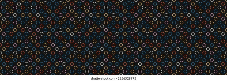 Vector abstract black seamless pattern. Bauhaus style simple shapes banner. Tiny circles geometrical surface pattern. Trendy design backdrop. Modern dark geometric background banner for web and print