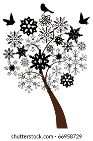 vector abstract black snow tree with snowflakes and birds