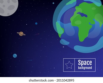 Vector abstract black space background, earth, moon and other planets on dark background. Bright comets and stars. Blue background. Abstract bright wallpaper. Flat, cartoon style.