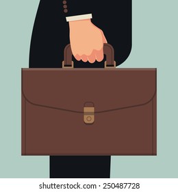 Vector abstract black suited businessman's hand holding briefcase, side view, isolated, flat design. Business concept background