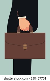 Vector abstract black suited businessman's hand holding briefcase, side view, isolated, flat design. Business concept background