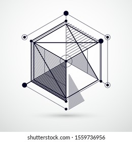 Vector abstract black and white background created in isometric mesh lines style. Mechanical scheme, vector engineering drawing with cube and mechanism parts. Perfect background for your designs