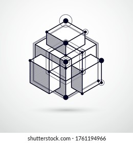 Vector abstract black and white background created in isometric mesh lines style. Mechanical scheme, vector engineering drawing with cube and mechanism parts. Perfect background for your designs