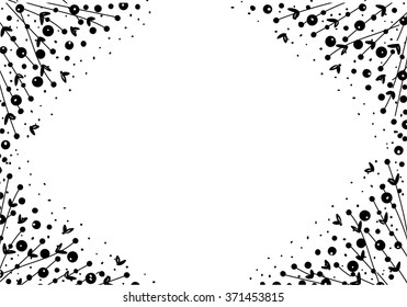 Vector abstract black and white background with lines and dots. Stylized flowers frame