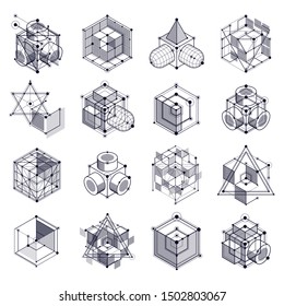 Vector abstract black and white backgrounds set created in isometric mesh lines style. Mechanical scheme, vector engineering drawing with cube and mechanism parts. Perfect background for your designs