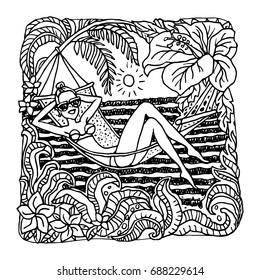 Vector abstract black and white doodle sketch. Hand drawn fantasy Hawaiian landscape with young lady in hammock, palm, ocean waves,leaves,hibiscus flower.Tee shirt and card print. Coloring book page