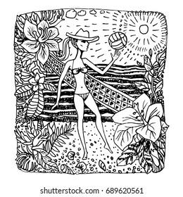 Vector abstract black and white doodle sketch. Hand drawn fantasy Hawaiian landscape with young lady with volleyball,palm,ocean waves,foliage,hibiscus flower.Tee shirt, card print. Coloring book page