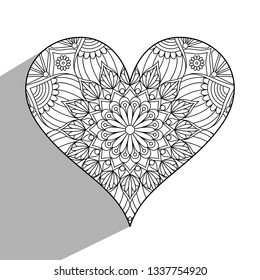 Vector abstract black and white ethnic mandala motif. Heart shape. Heart Coloring Page - Vector