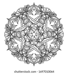 Vector abstracto con motivos de mandala floral en blanco y negro