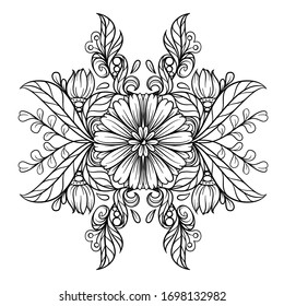 Vector Abstract Black And White Floral Motif For Antistress Coloring