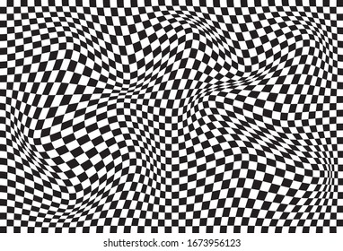 Vector abstract black and white geometric background, wavy chessboard