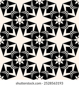 Vektor abstrakte schwarz-weiß geometrische nahtlose Muster. Stilvolle monochrome geometrische Textur. Einfacher Hintergrund mit Sternenformen, floralen Silhouetten. Wiederholtes Geo-Design für Dekor, Umbruch, Druck