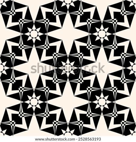 Vector abstract black and white geometric seamless pattern. Stylish monochrome geometrical texture. Simple background with star shapes, floral silhouettes. Repeated geo design for decor, wrap, print