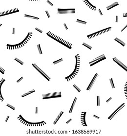 Vector abstract black and white hair comb seamless pattern background in memphis design style. Straight and curved shapes. For web, packaging, stationery, texture, business