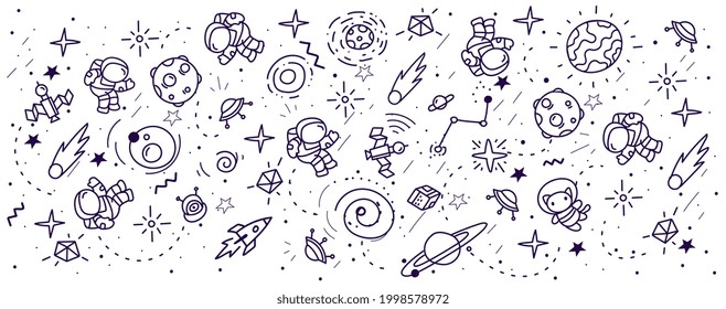 Vector abstract black and white kid space illustration, fun pattern with astronaut, star, planet and line