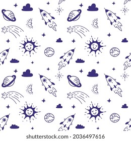 Vector Abstract Black and White Kid Space Illustration, Fun Seamless Pattern with Space Ship, Star, Earth, Sun, Planet, Moon, Cloud, Line Art Style Design
