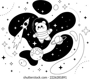 Vector abstract black and white kid space illustration with astronaut bear, spaceship, star and planet on white background. Flat line art style space design with animal astronaut bear for kid poster