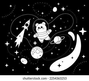 Vector abstract black and white kid space illustration with astronaut bear, spaceship, star and planet on black background. Flat line art style space design with animal astronaut bear for kid poster