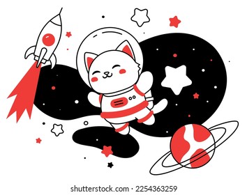 Vector abstract black and white kid space illustration with animal astronaut cat, spaceship, star and planet on white background. Flat line art style space design with astronaut cat for kid poster