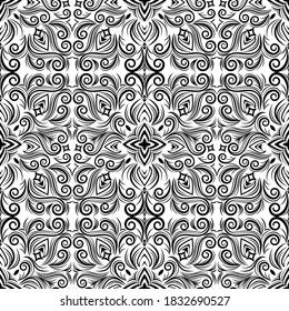 Abstrakter Schwarz-Weiß-Ornament, Kurve wirft nahtlose Muster mit Blumen und Gürteln, Linie ethnische Zeichnung. Vintage-Tracereien für Stoffdesign, Tapeten, Umhüllungen, Bedruckungen, Rahmen, Dekoration