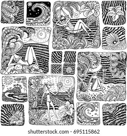 Vector abstract black and white patchwork seamless pattern.Hand drawn doodle sketch of fantasy Hawaiian landscape, woman,volleyball, palm, ocean waves, hibiscus flower.Textile print.Coloring book page