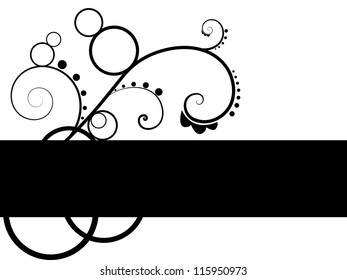 Vector Abstract Black and White Pattern Background with Floral Swirl Elements and Banner for Header or Text