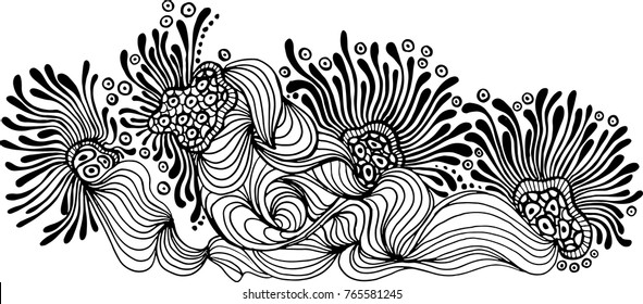 Vector abstract black and white pattern. Hand drawn plant texture. Grunge background.