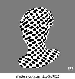 Vector abstract black and white polka dots pattern illustration from 3D rendering of classical head sculpture isolated on gray background.  