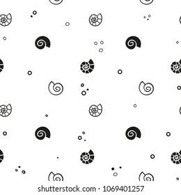 Vector abstract black and white repeatable pattern with seashells. Simple monochrome seamless backdrop.