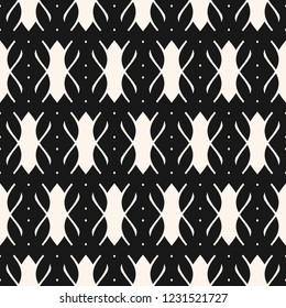 Vector abstract black and white seamless pattern. Simple geometric ornament with curved shapes, grid, lattice, net. Monochrome repeat background texture. Design for decoration, textile, furniture 