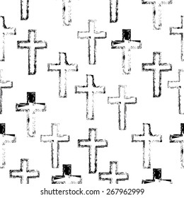Vector Abstract Black and White Seamless Pattern with Grunge Crosses.