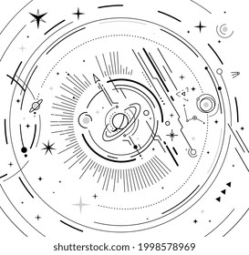 Vector abstract black and white space illustration with star, planet and line