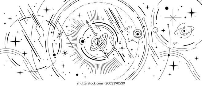 Vector abstract black and white space illustration with star, planet and line on light background