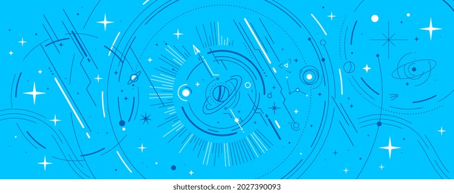 Vector abstract black and white space illustration with star, planet and line on blue background