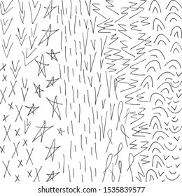 Vector abstract black and white square background from ink drawn stars, crosses, straight lines, curlicues, doodles. Many small hand-drawn linear elements. Sloppy kids style