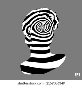 Vector abstract black and white striped spiral pattern  illustration from 3D rendering of classical head sculpture isolated on gray background.  