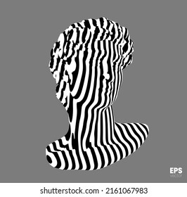 Vector abstract black and white striped pattern illustration from 3D rendering of classical head sculpture isolated on gray background.