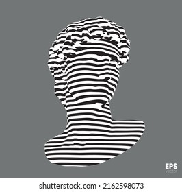 Vector abstract black and white striped pattern  illustration from 3D rendering of classical head sculpture isolated on gray background.